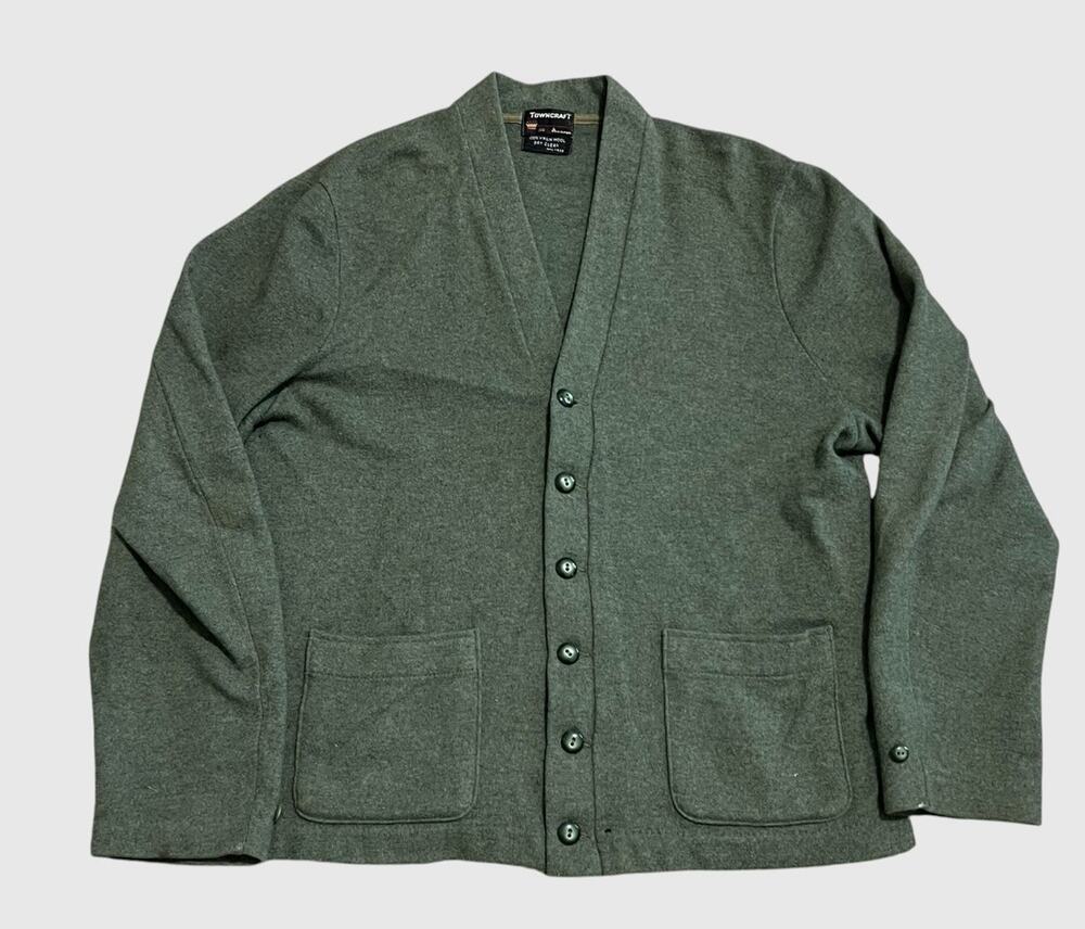 Vintage 1960s Penneys Towncraft Virgin Wool Green Cardigan Mens Size 44 Flaw